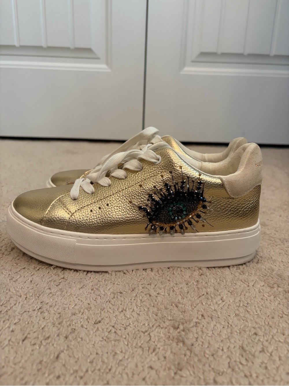 Kurt Geiger London Laney Eye Embellished Gold Leather Platform Sneakers Size 40 - Picture 5 of 12